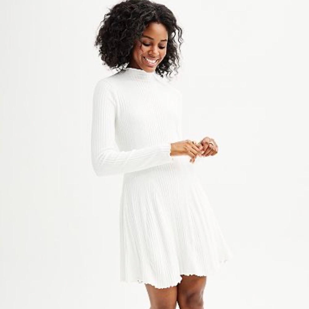 NWT. SO Ivory Cotton Knit Ribbed Mock Neck Skater Dress. Medium